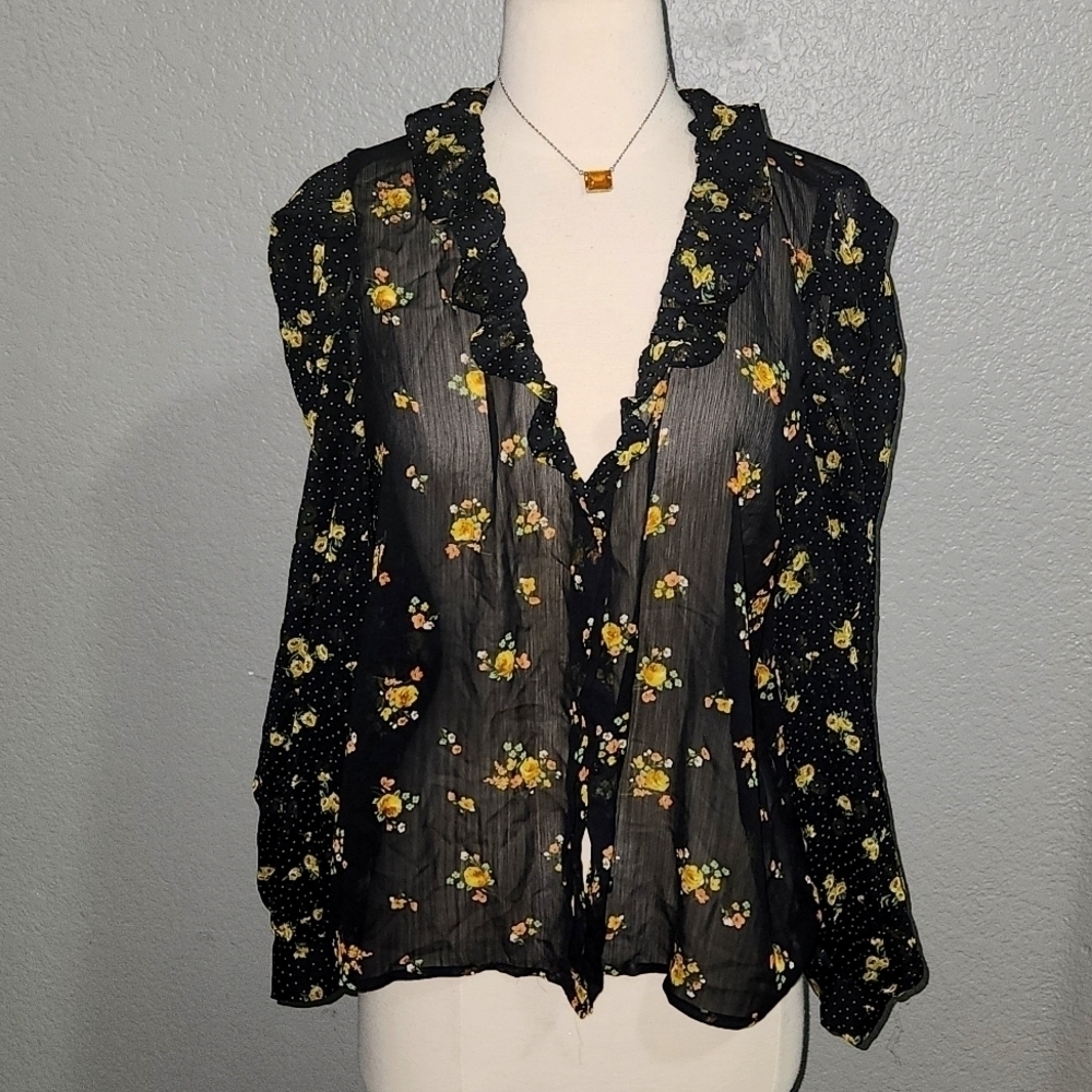 ZARA Sheer Floral Print Ruffle Puff Statement Sleeve Blouse Size Medium Flowy